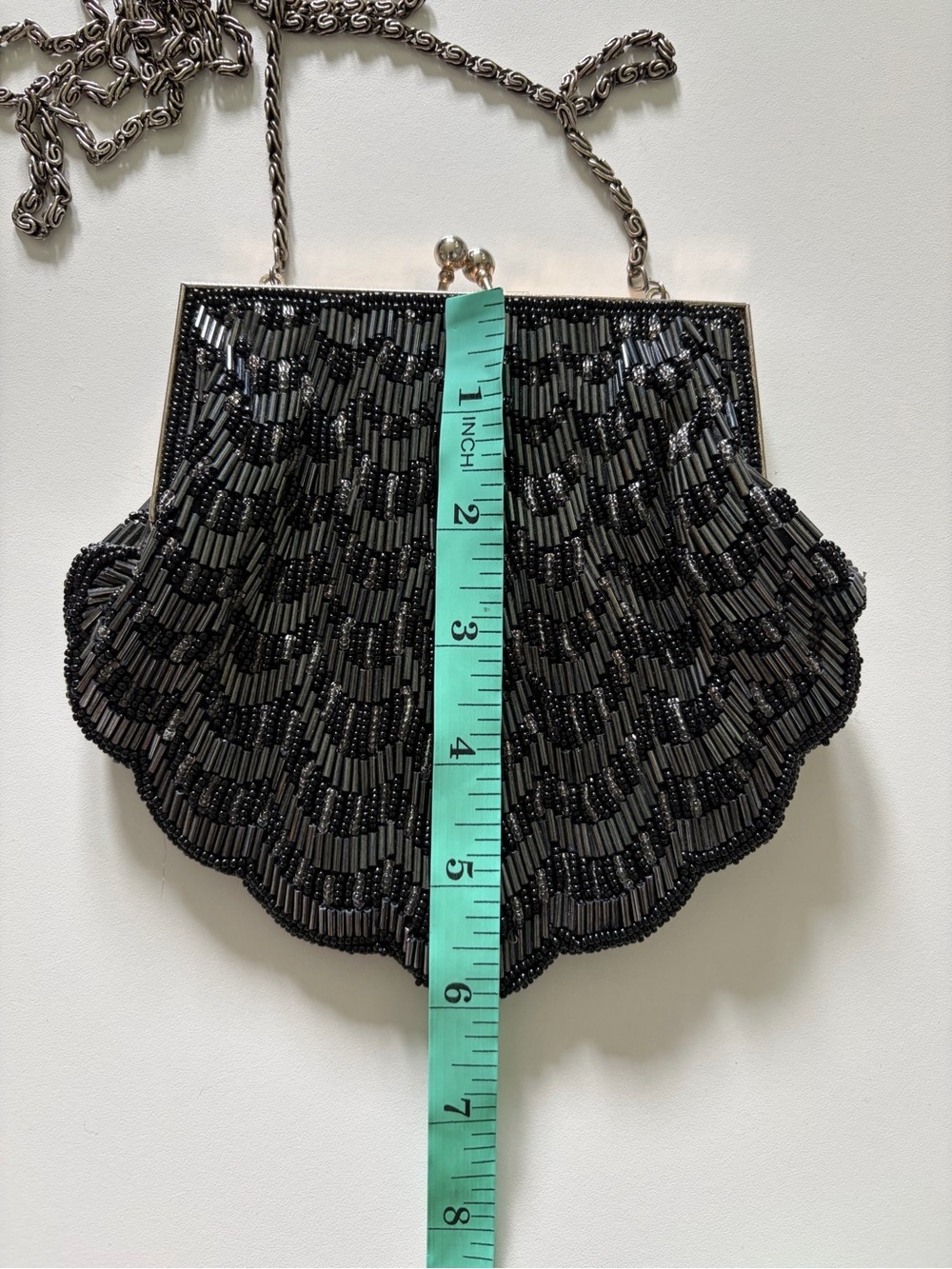 Vintage Black Beaded Evening Bag Kiss Lock Chain Purse Art Deco - Picture 11 of 12